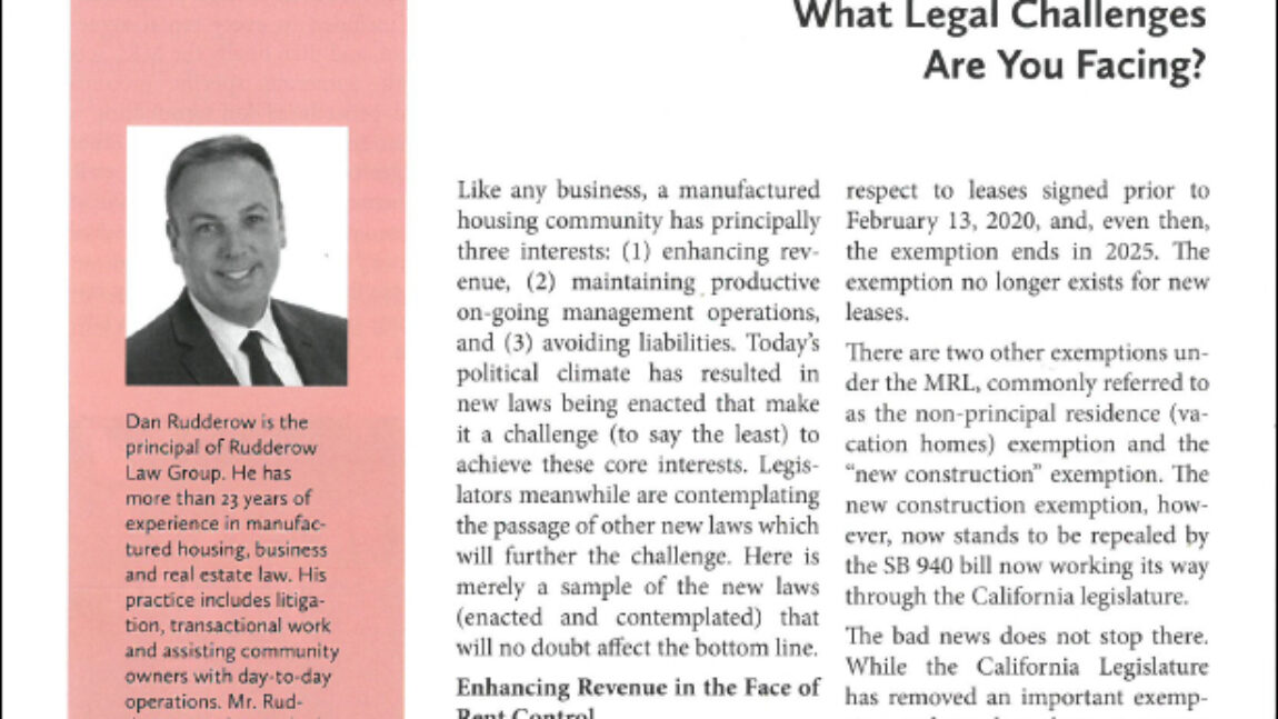 Rent Control Challenges for Manufactured Housing Parks – WMA Reporter Magazine May 2022