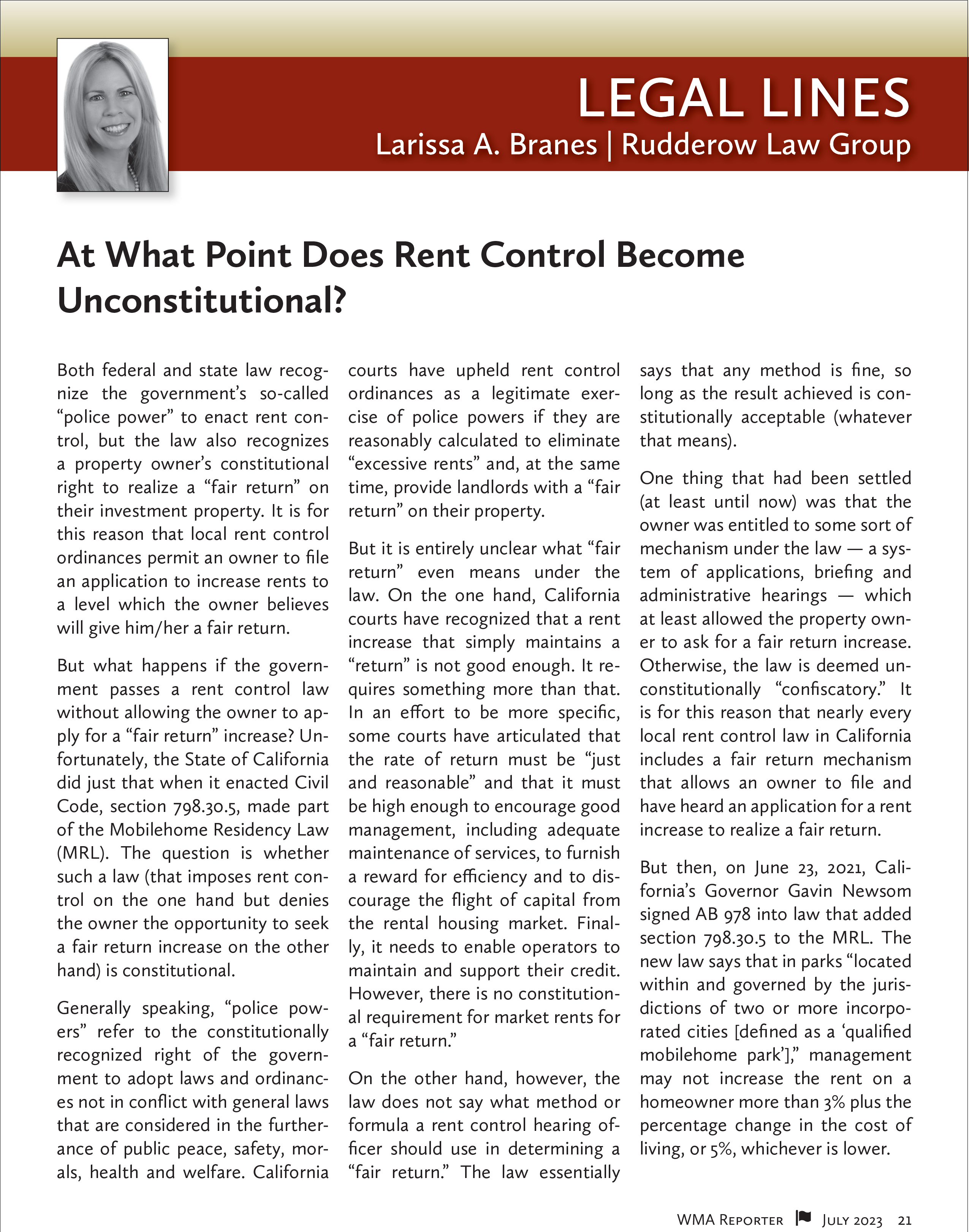 Rent Control Unconstitutional - Larissa A. Branes - Legal Lines - WMA Reporter July 2023-1